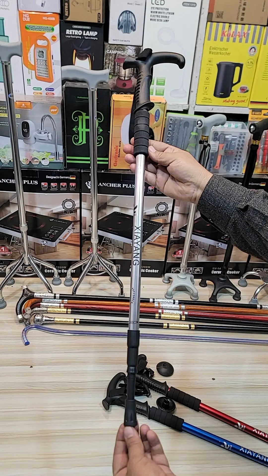 Anti-Shock Walking Stick for Hiking & Elderly Support – Blue, Black, White | Lalaimport.pk