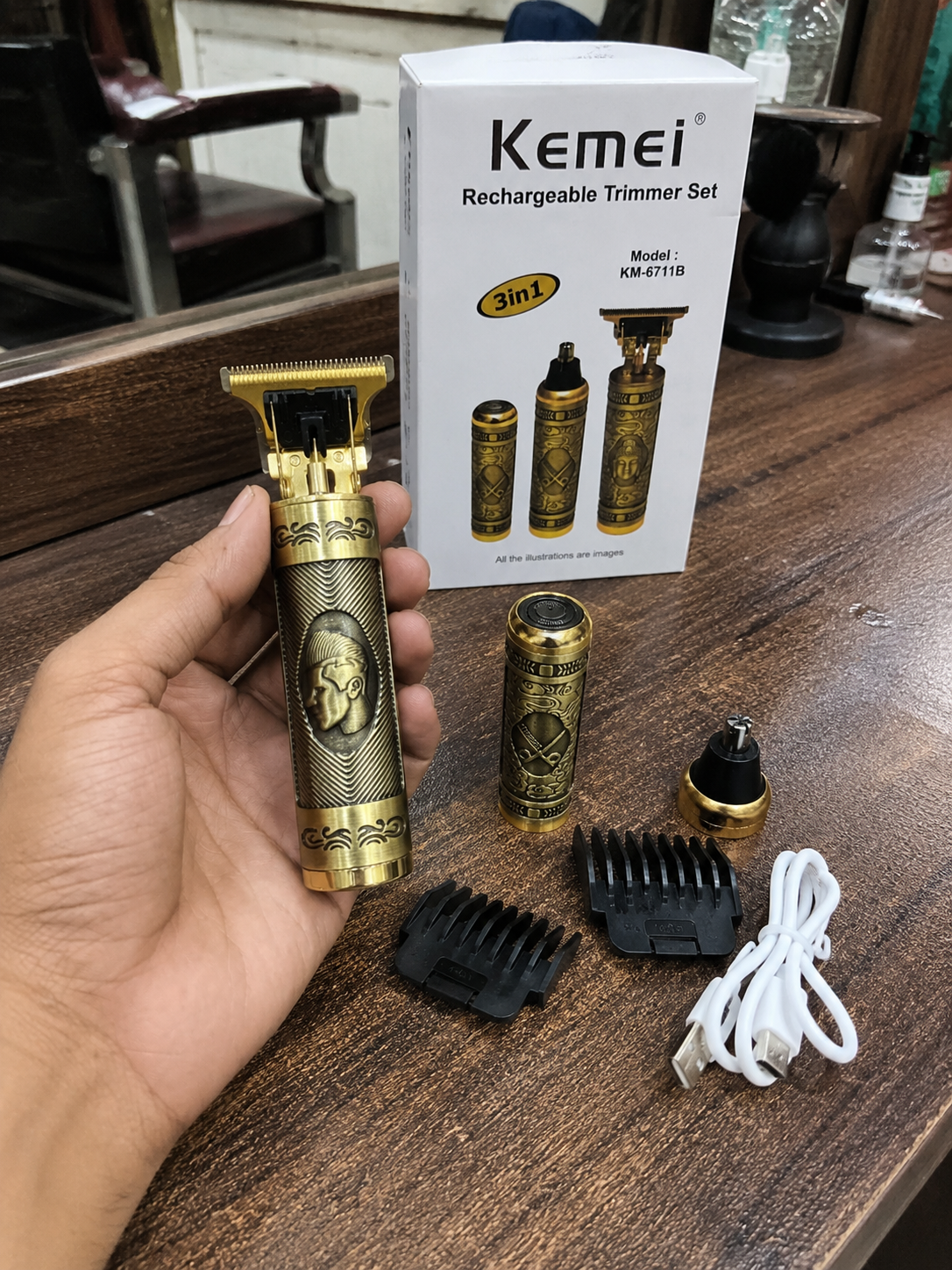 Kemei KM-6711B 3-in-1 Rechargeable Trimmer Set – Hair, Beard, Nose & Shaver Grooming Kit