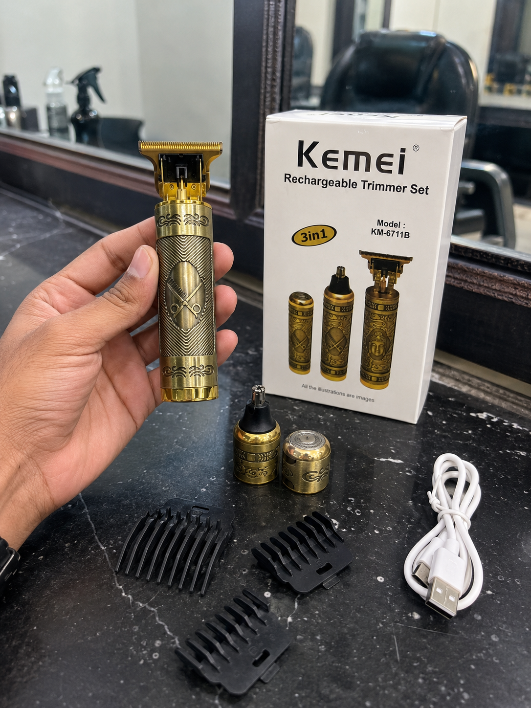 Kemei KM-6711B 3-in-1 Rechargeable Trimmer Set – Hair, Beard, Nose & Shaver Grooming Kit