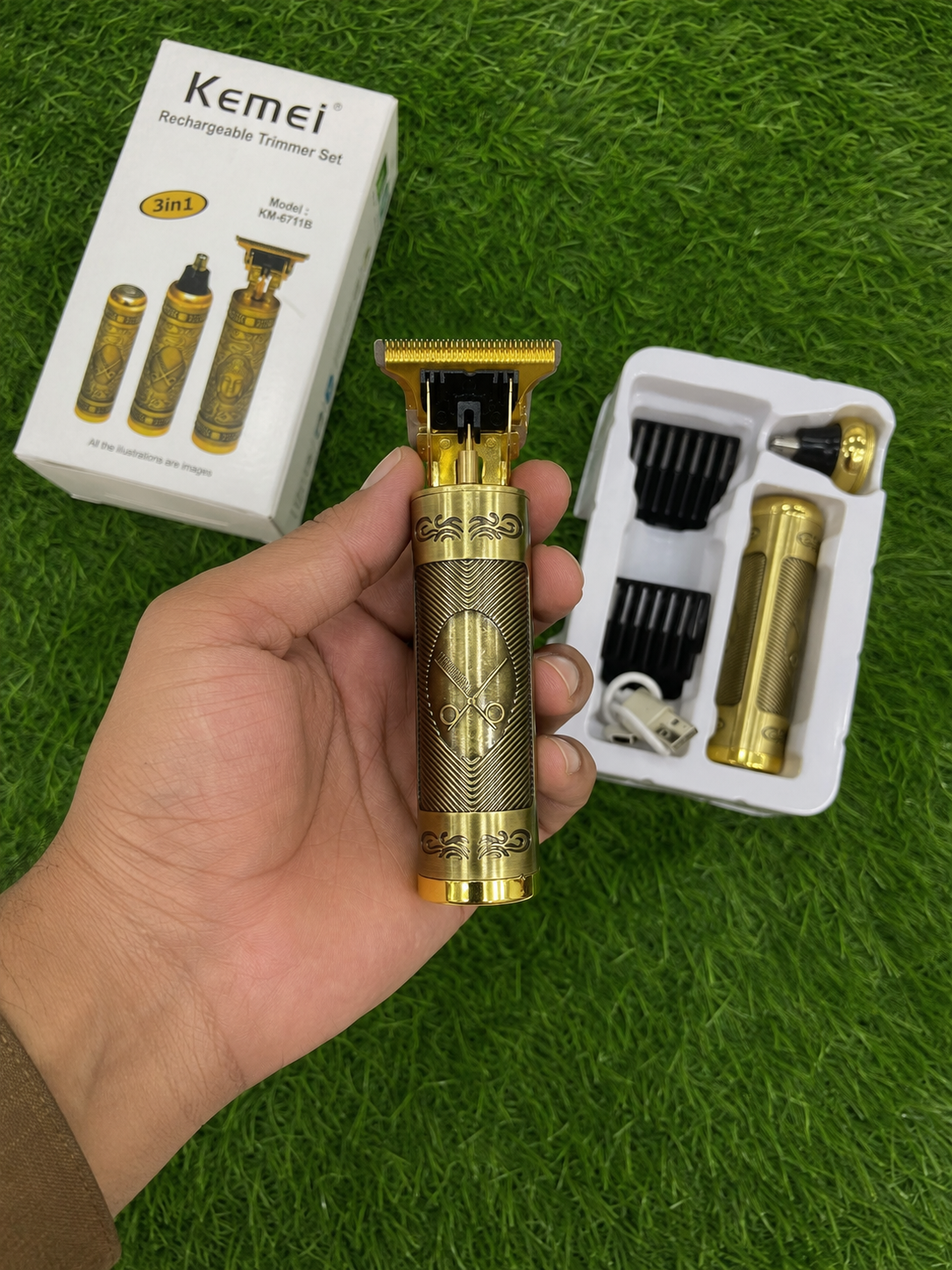 Kemei KM-6711B 3-in-1 Rechargeable Trimmer Set – Hair, Beard, Nose & Shaver Grooming Kit