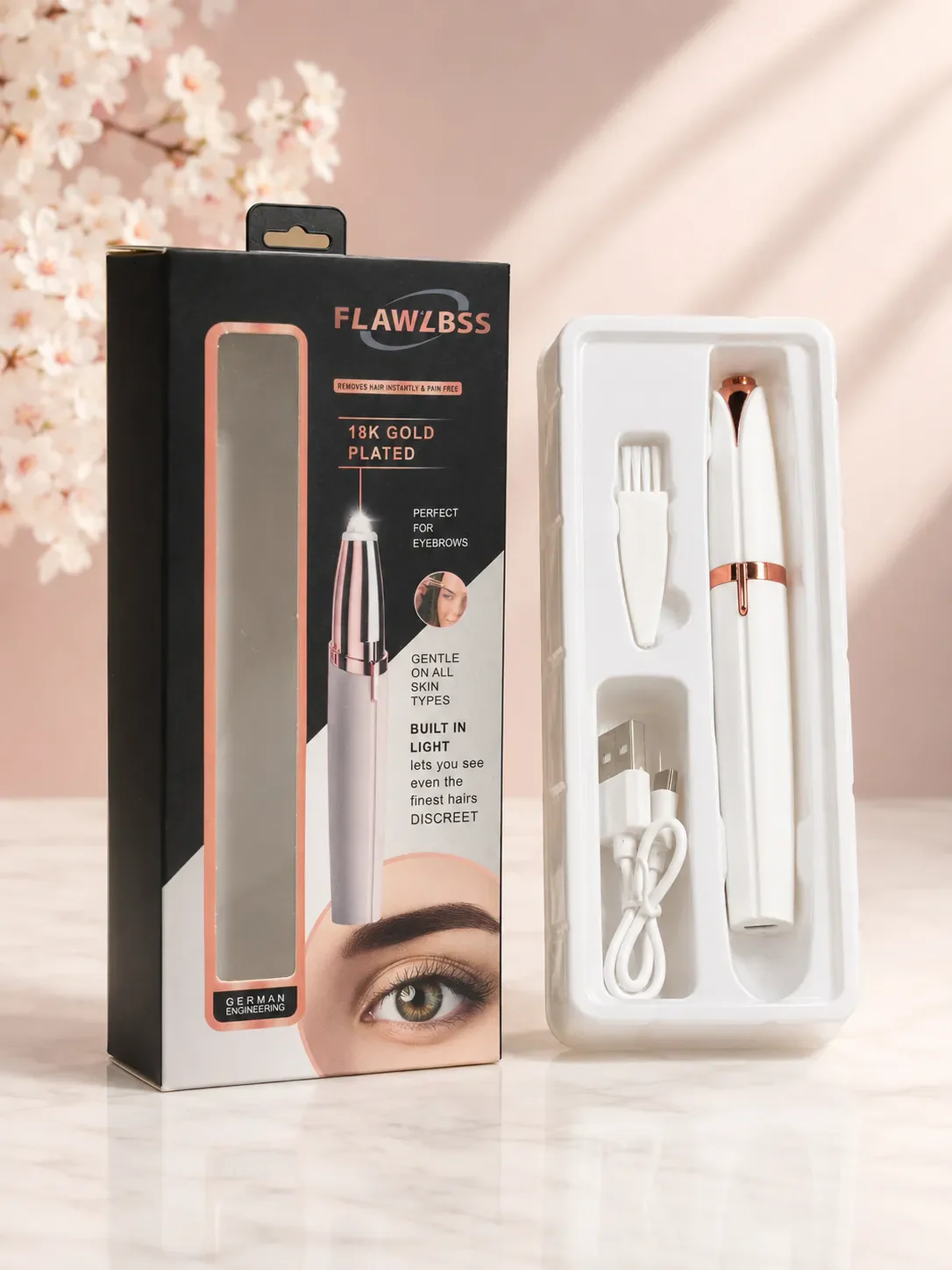 Flawlbss 18K Gold Plated Electric Eyebrow Trimmer with Built-in Light