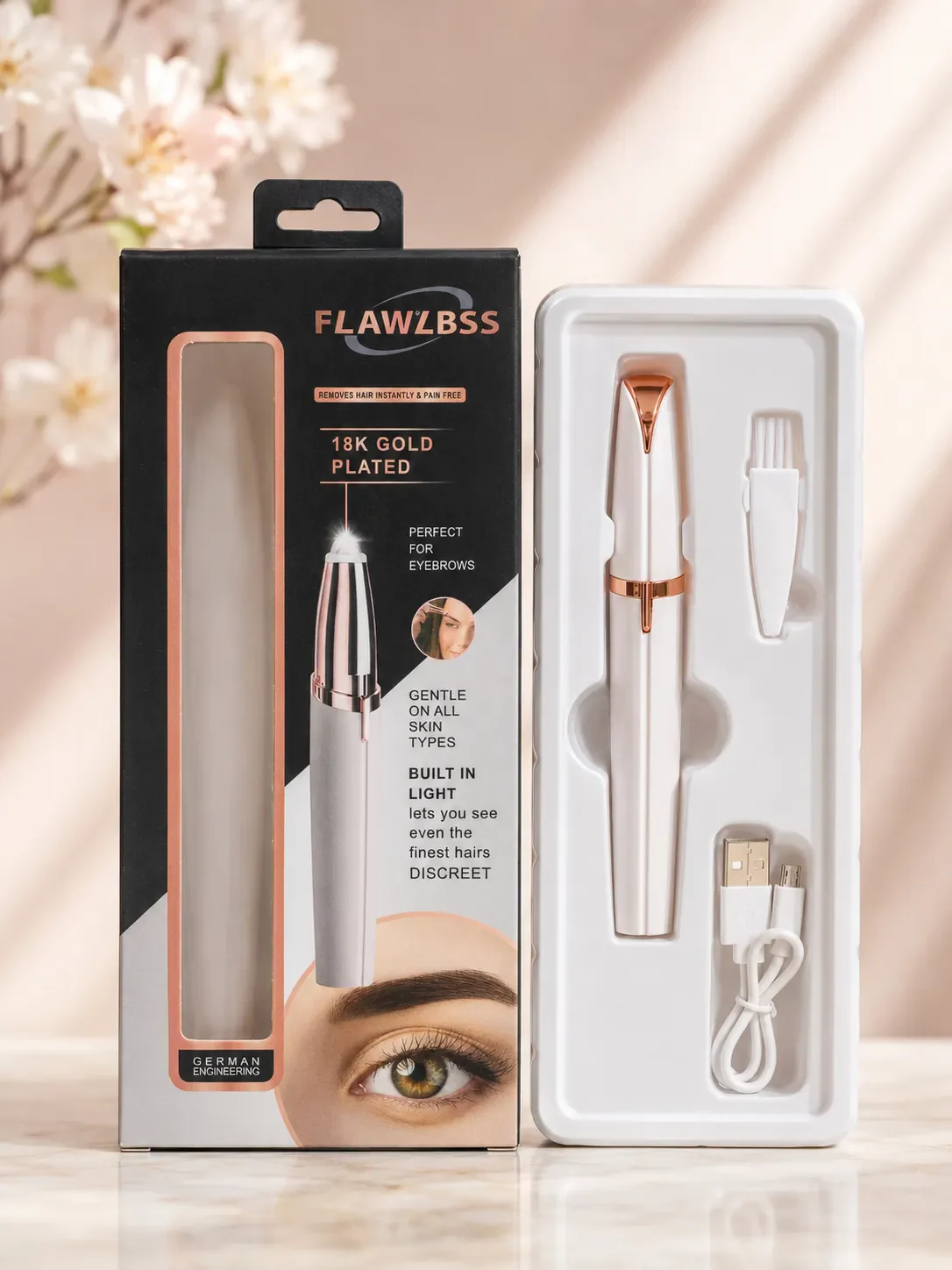 Flawlbss 18K Gold Plated Electric Eyebrow Trimmer with Built-in Light