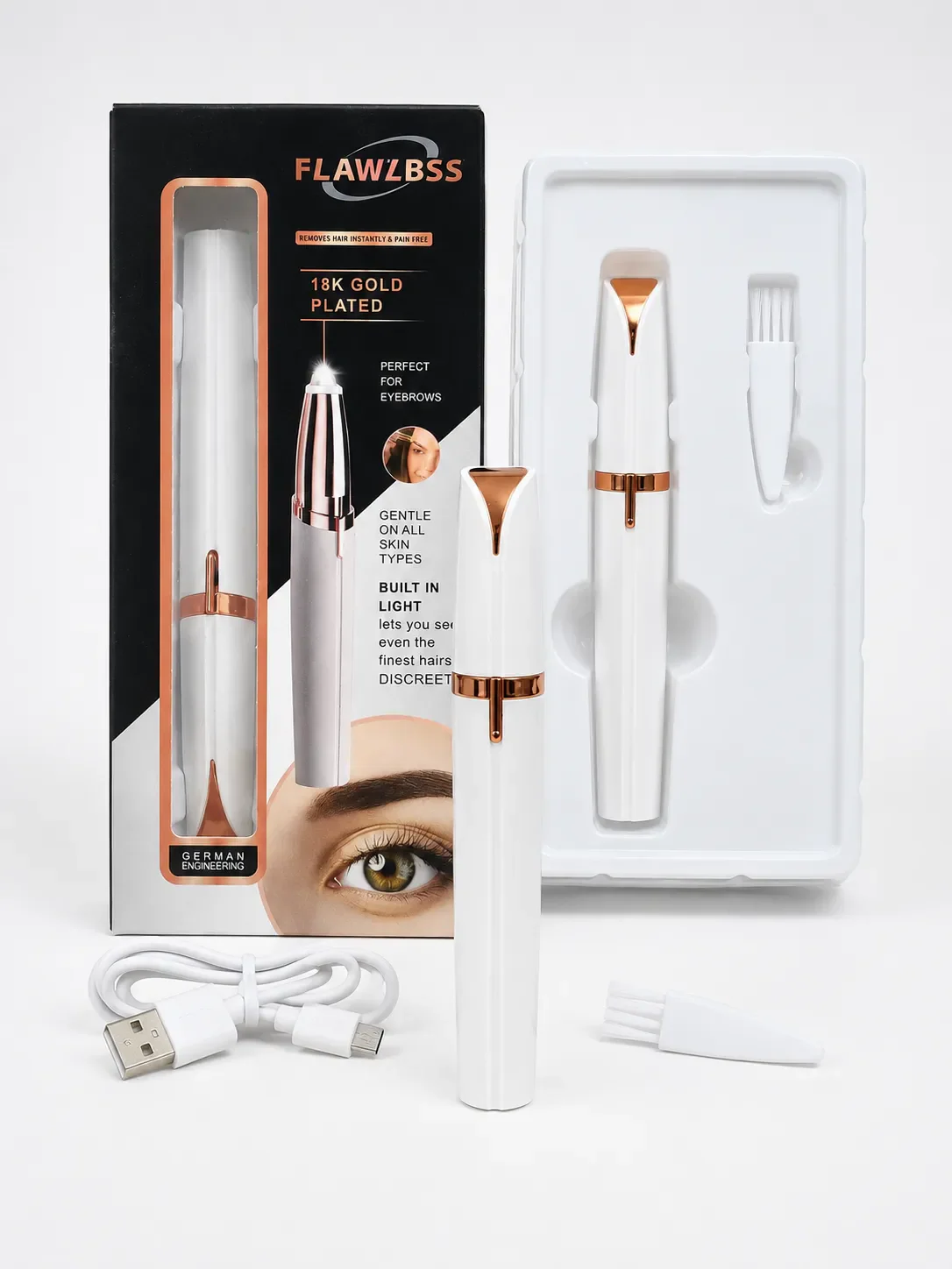 Flawlbss 18K Gold Plated Electric Eyebrow Trimmer with Built-in Light