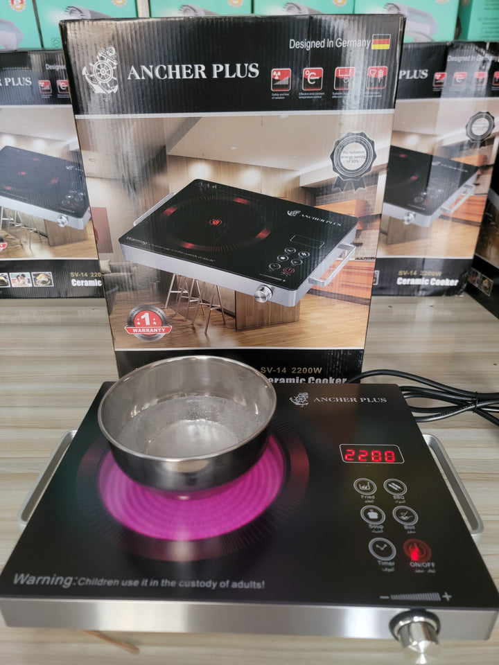 Ancher Plus Ceramic Cooker SV 14 Universal Hot Plate with adjustable heat settings from 200W to 2200W – A durable and efficient cooking solution for Pakistani kitchens, available at LalaImport.pk.