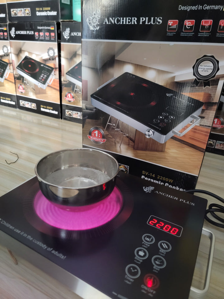 Ancher Plus Ceramic Cooker SV 14 Universal Hot Plate with adjustable heat settings from 200W to 2200W – A durable and efficient cooking solution for Pakistani kitchens, available at LalaImport.pk.
