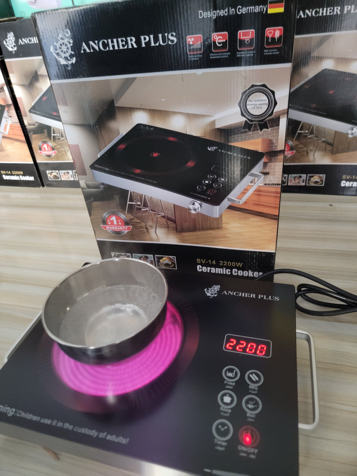 Ancher Plus Ceramic Cooker SV 14 Universal Hot Plate with adjustable heat settings from 200W to 2200W – A durable and efficient cooking solution for Pakistani kitchens, available at LalaImport.pk.