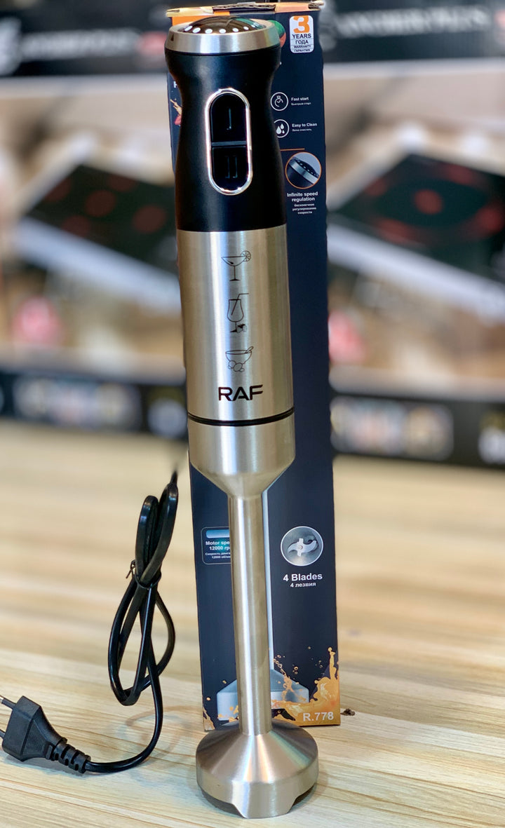 Raf Hand Blender 600W with 12,000 RPM motor, perfect for blending, mixing, and frothing in Pakistani kitchens
