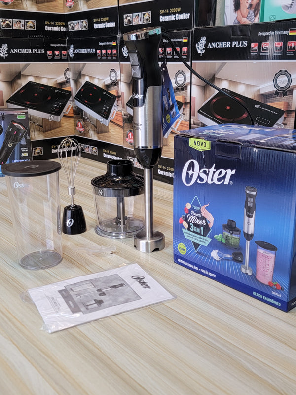 Close-up view of the 750W hand blender with stainless steel blades and ergonomic handle, showcasing its durable build and high-quality design.