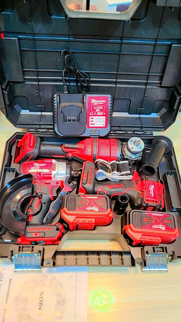 Milwaukee 88V Tool Set – Cordless Drill, Grinder & Nut Remover (Dual Battery + Fast Charger)