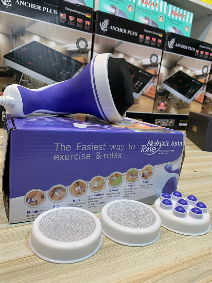 Relax & Tone Muscle Massager in use on back and neck, providing soothing muscle relaxation and pain relief.