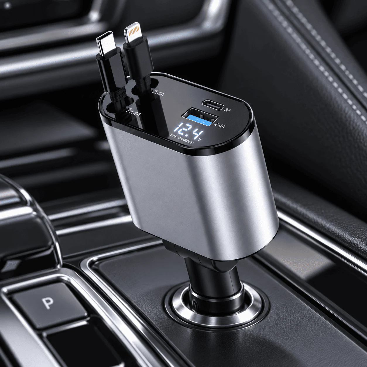 4-in-1 Retractable Fast Car Charger with Built-In Cables
