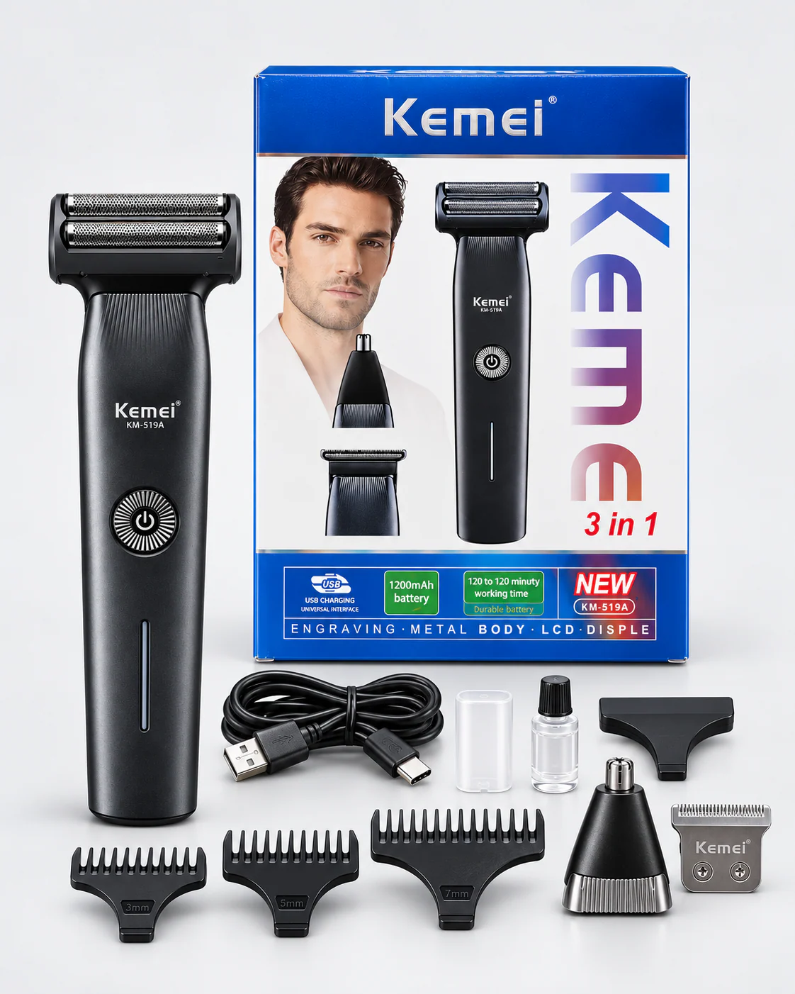 Kemei KM-519A 3-in-1 Rechargeable Men's Grooming Kit Product Image