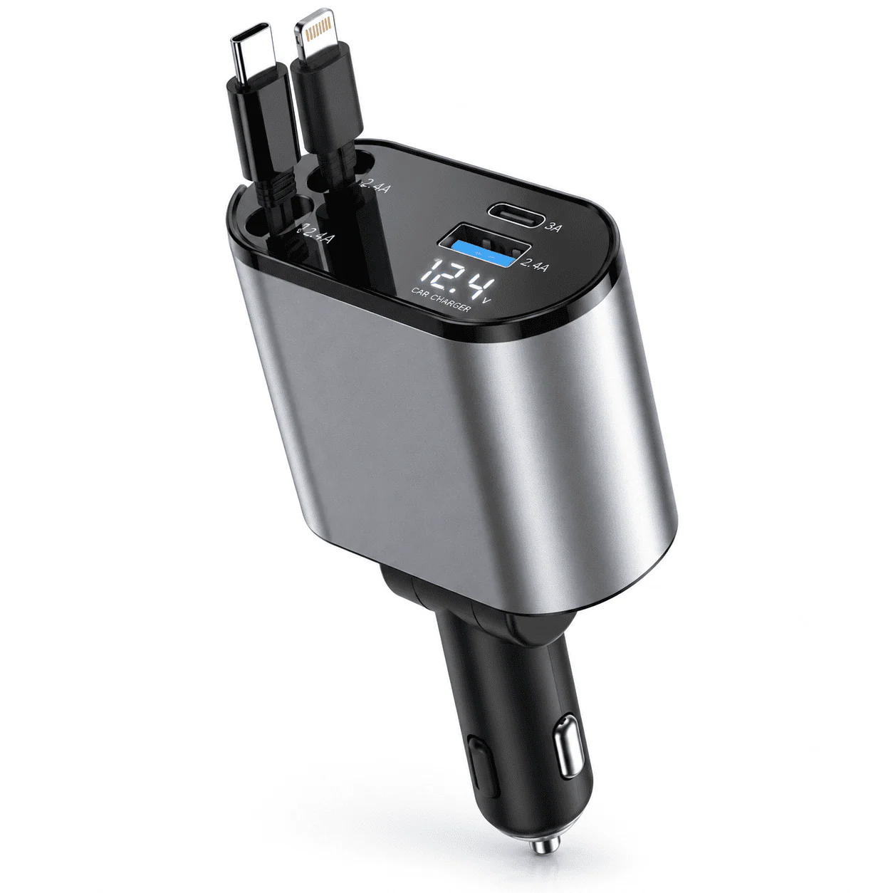 4-in-1 Retractable Fast Car Charger with Built-In Cables