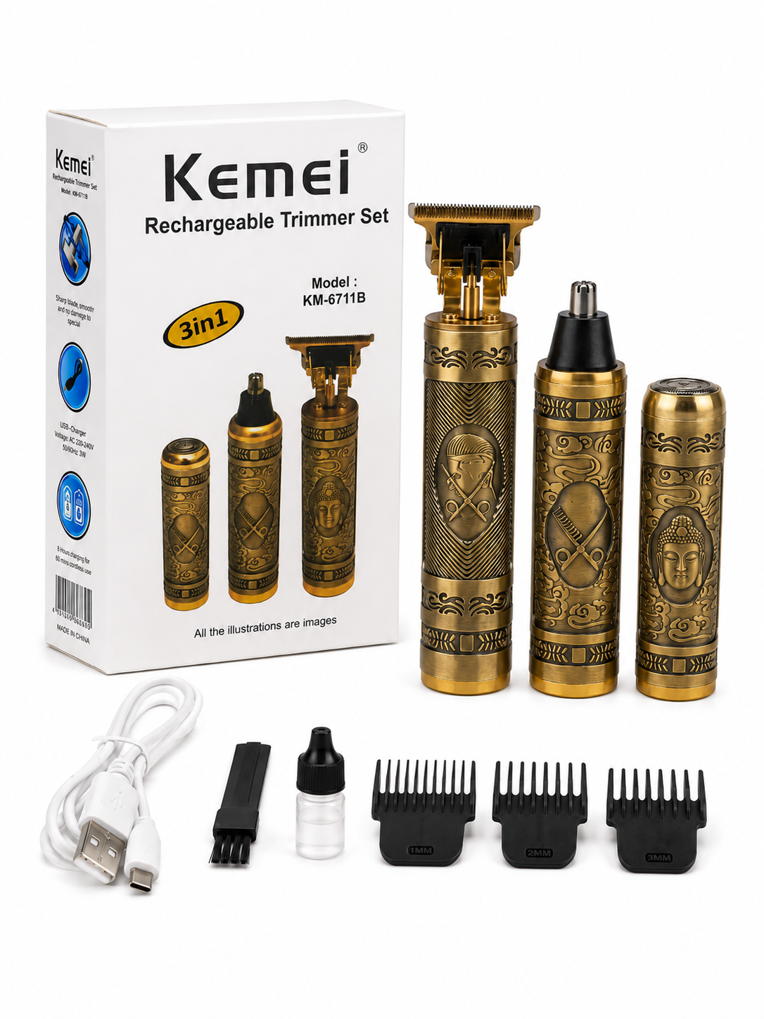 Kemei KM-6711B 3-in-1 Rechargeable Trimmer Set – Hair, Beard, Nose & Shaver Grooming Kit