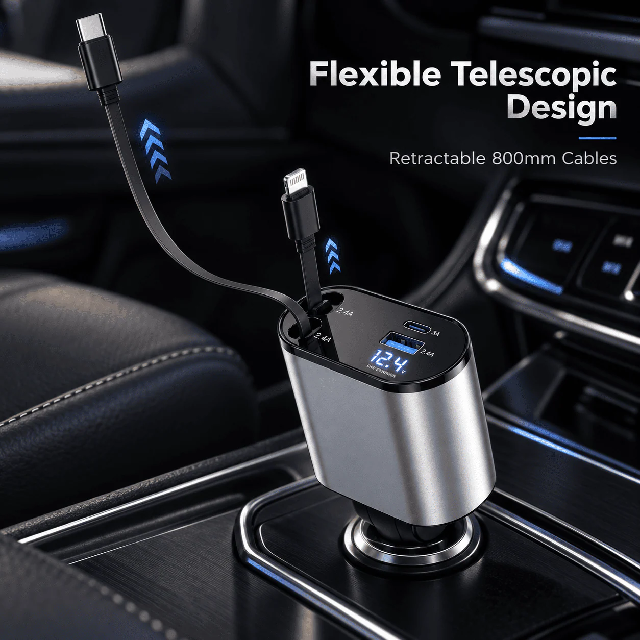 4-in-1 Retractable Fast Car Charger with Built-In Cables