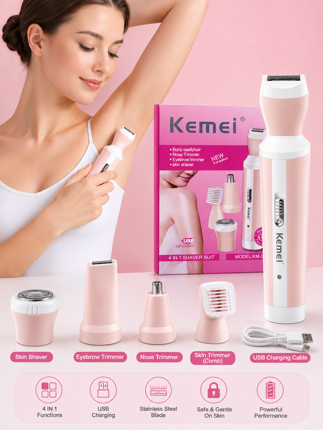 Women’s Shaver & Trimmer Kit 4-in-1 Rechargeable Kemei KM-3024