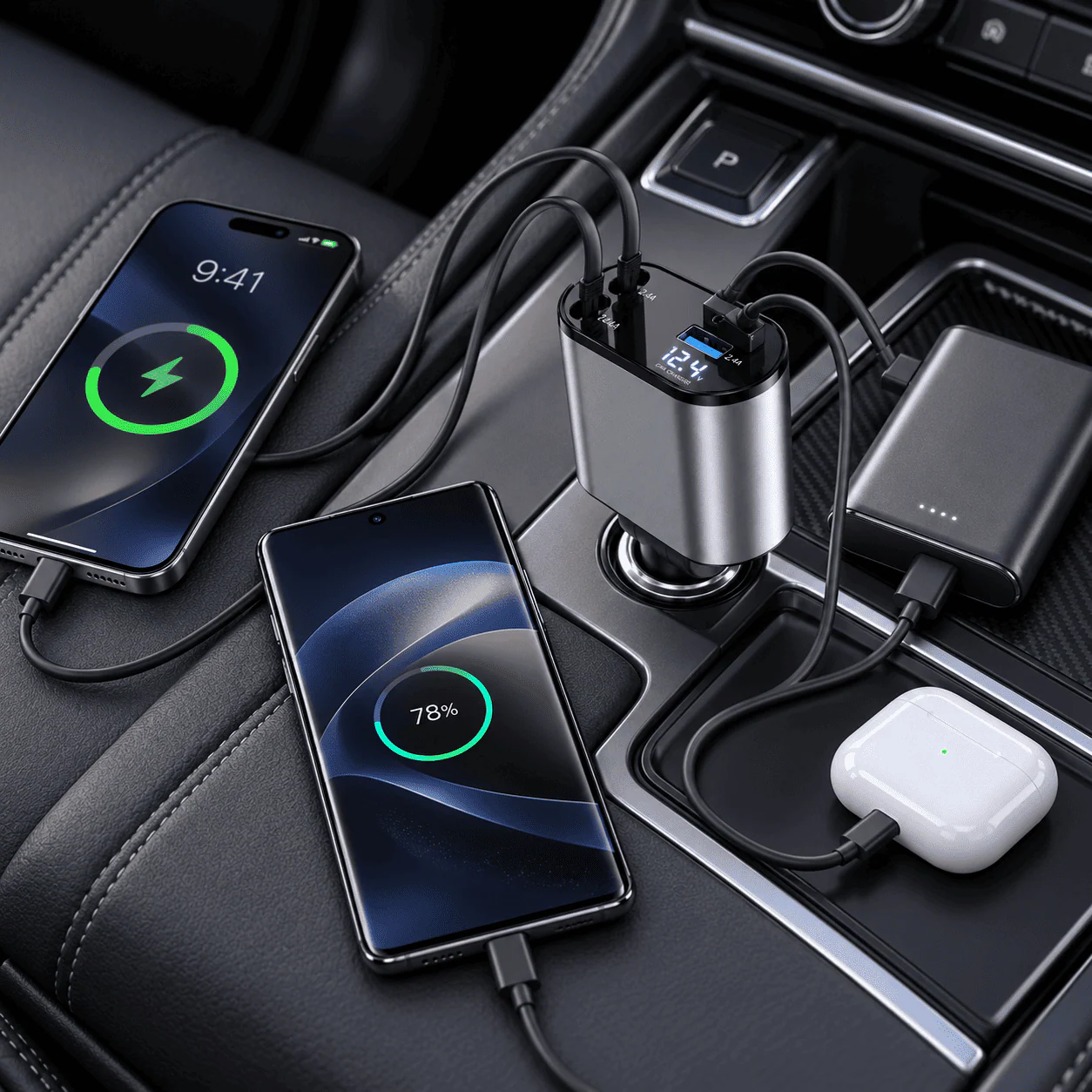 4-in-1 Retractable Fast Car Charger with Built-In Cables