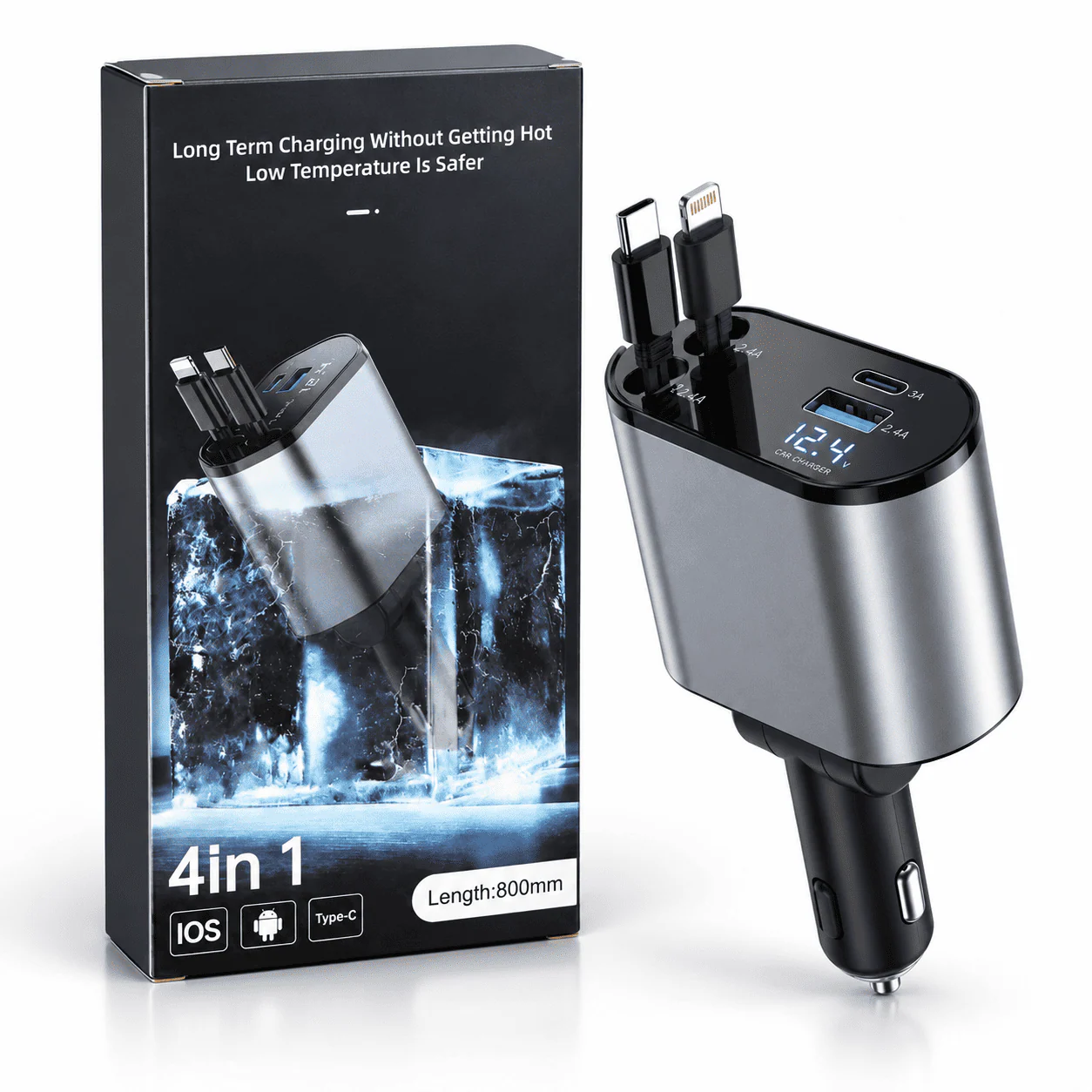 4-in-1 Retractable Fast Car Charger with Built-In Cables