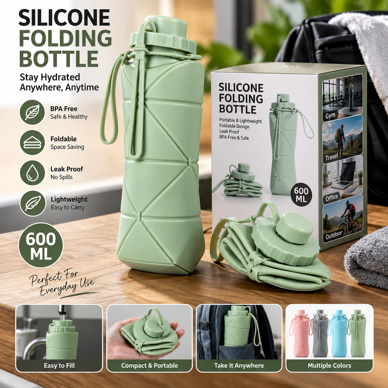 600ML Silicone Foldable Water Bottle – Portable Travel Bottle