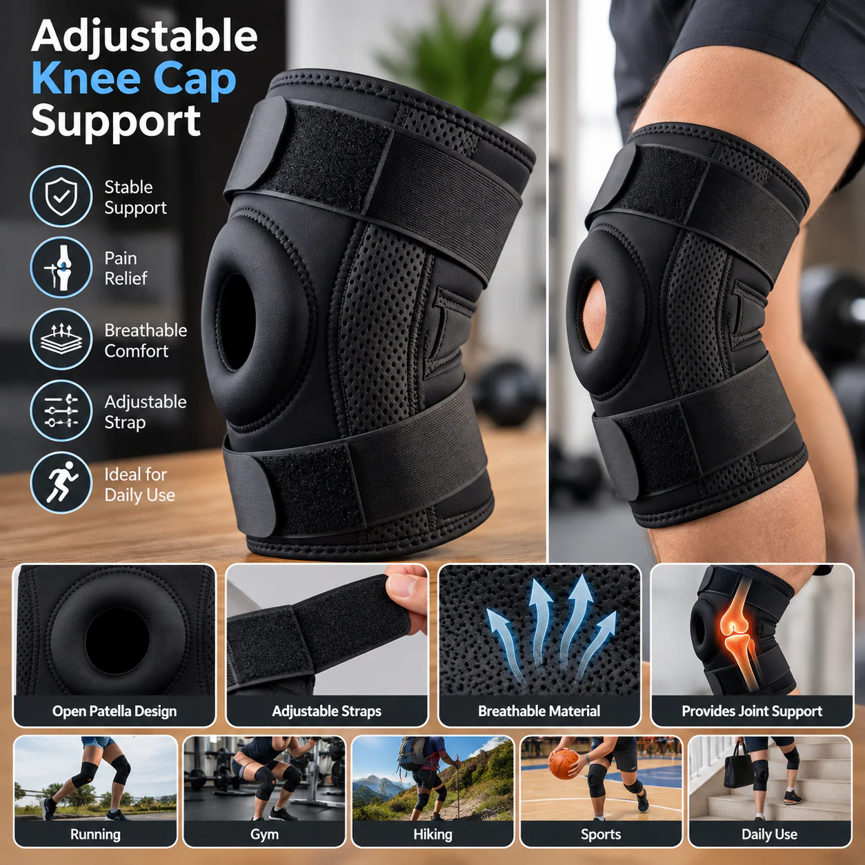Adjustable Knee Cap Support Brace – Open Patella Knee Support