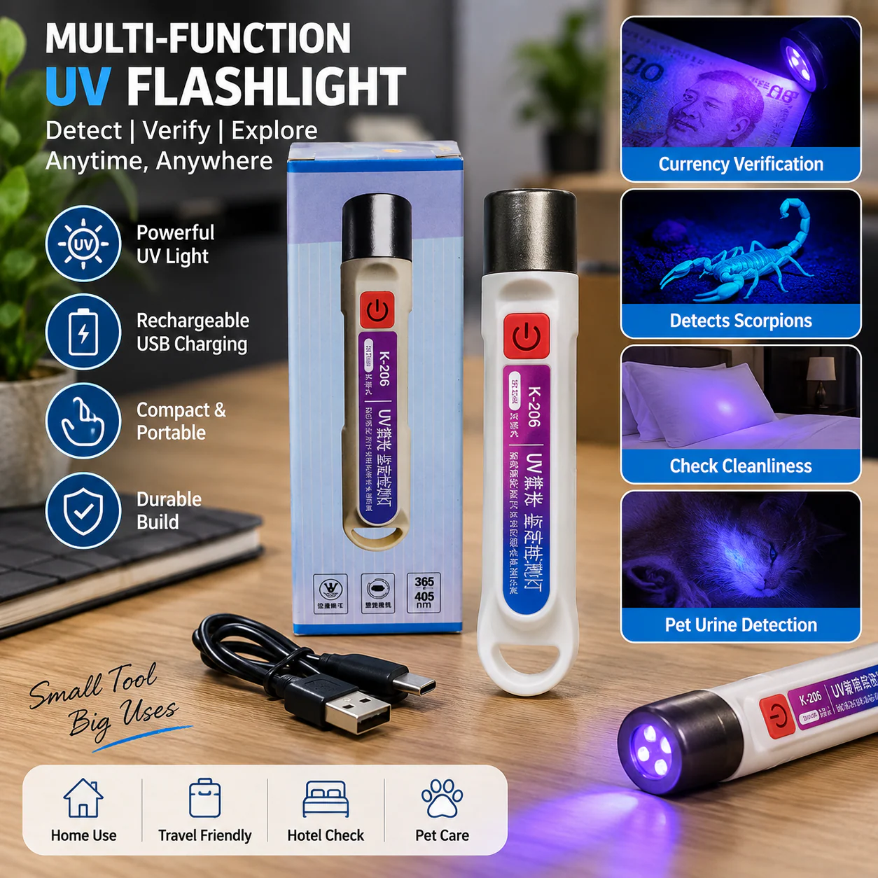 K-206 Rechargeable UV Detection Light – 365nm / 405nm
