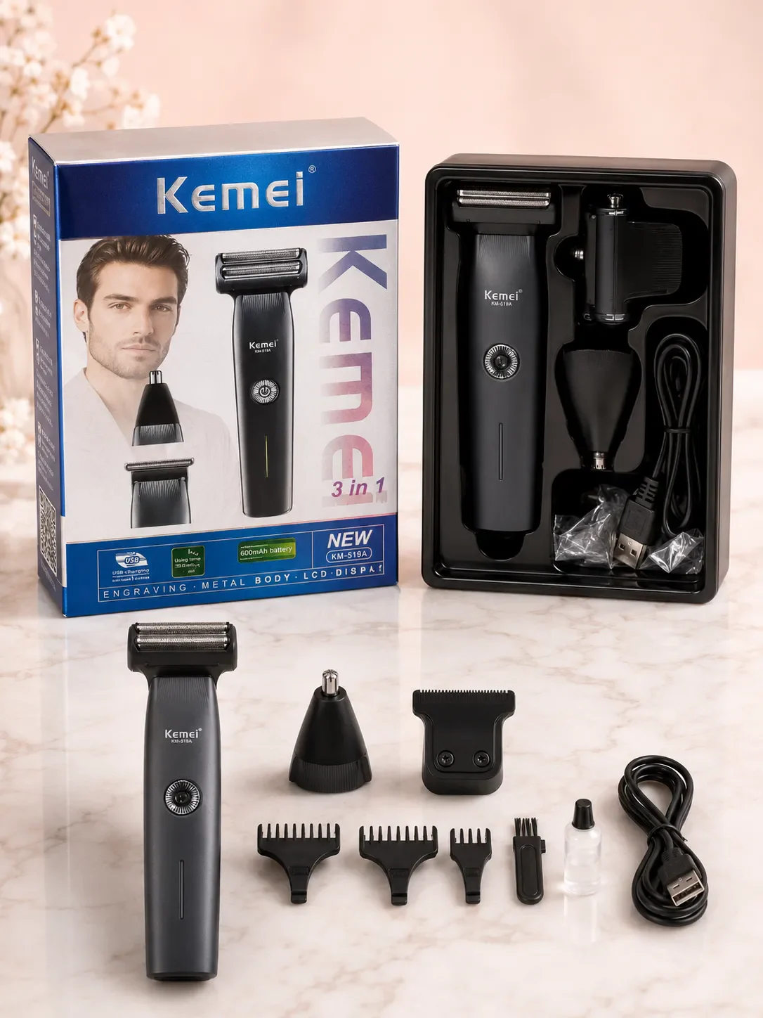 Kemei KM-519A 3-in-1 Rechargeable Men's Grooming Kit Product Image