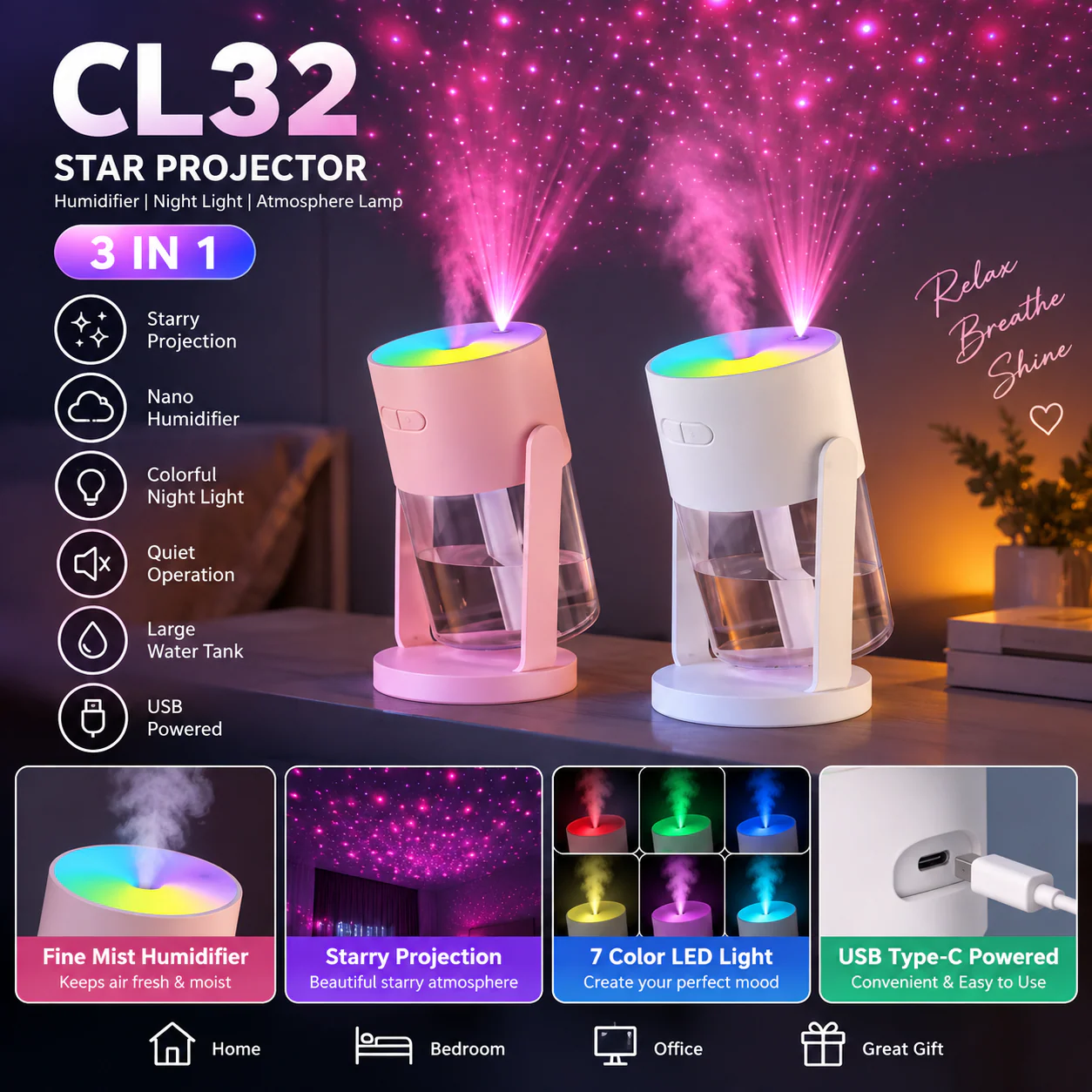 CL32 Starry Sky Projector Humidifier & LED Night Light