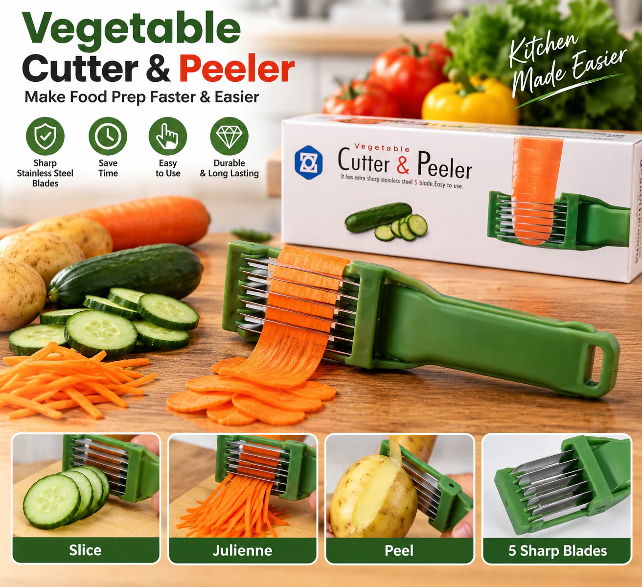 5-Blade Vegetable Cutter & Peeler – Manual Kitchen Slicer